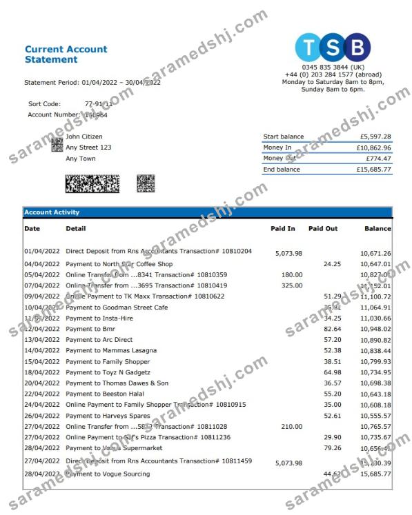 United Kingdom TSB bank statement, Excel